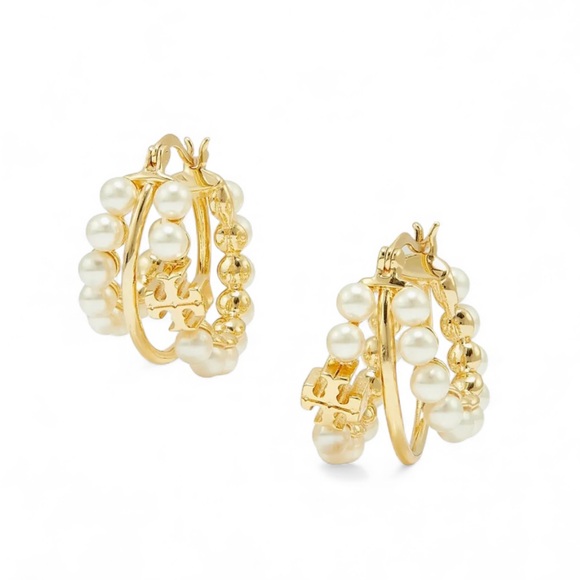 Tory Burch Kira 18K-Gold-Plated & Imitation Pearl Hoop Earrings. - Picture 1 of 7
